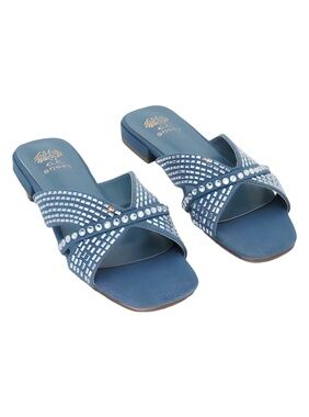 GC Shoes Elara Rhinestone Criss Cross Blue Slide Sandals Size 8M